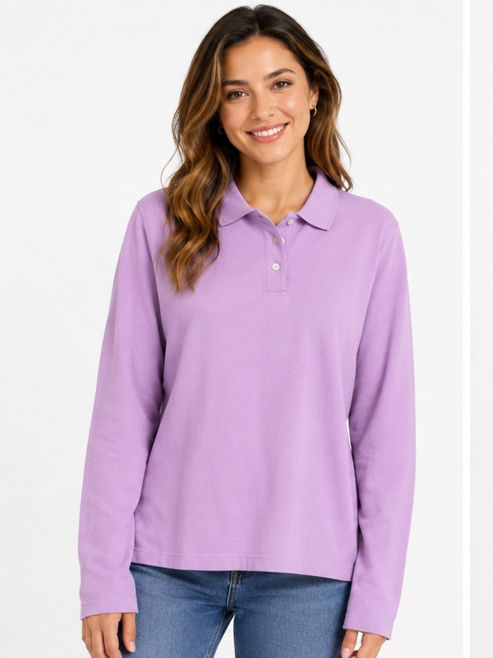 L.L.Bean Women’s Long Sleeve Polo Shirt Large Lavender Pink 100% Cotton Casual - Picture 1 of 15
